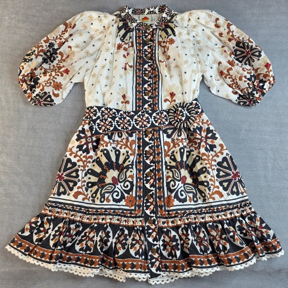 FARM Rio Dresses & Skirts - Farm Rio Mini Dress Womens Large Off White Multi Boho Tapestry Beaded Belt